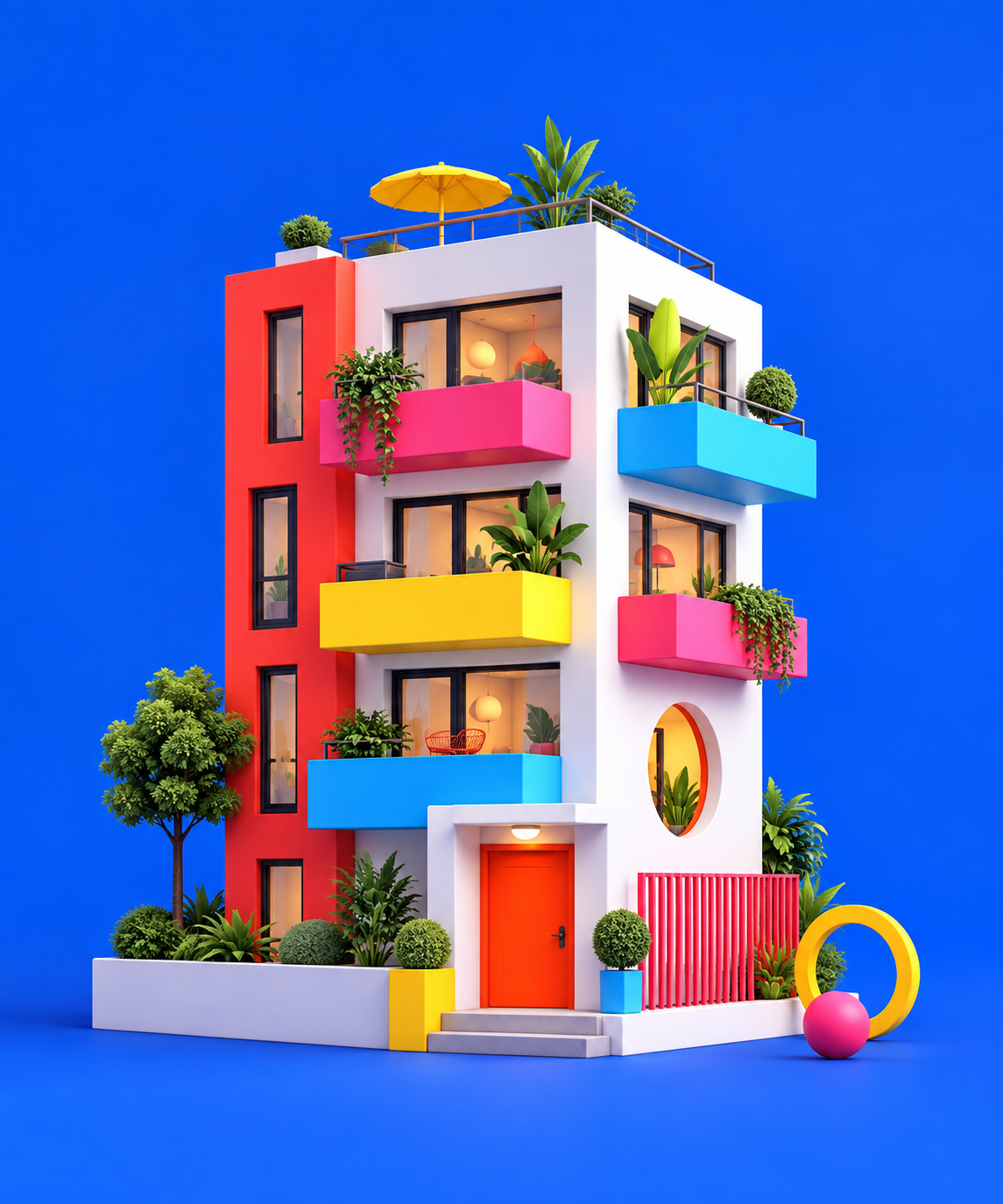 Farbenfrohes Wohnhaus mit bunten Balkonen und begrünter Dachterrasse – Illustration von Casa Fratello, Hausverwaltung in Hamburg